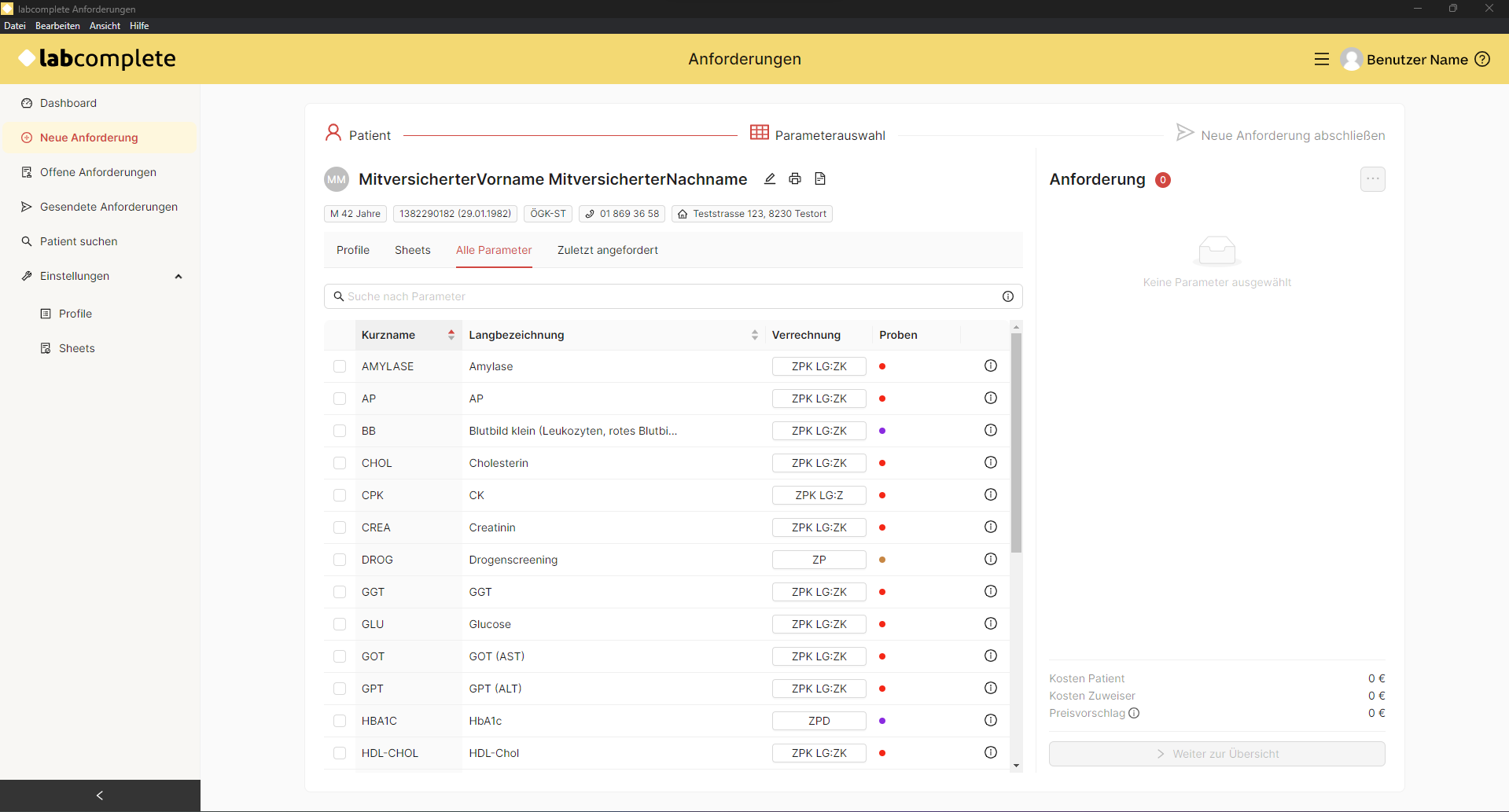 Anforderungen – Parameterauswahl
